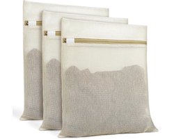 3 Stuks Polyester Waszakken - Khaki - Afmeting 30x40cm - Met Beschermrits - Dubbeldoel Wasnet En Reis Organizer Voor Thuis En Onderweg