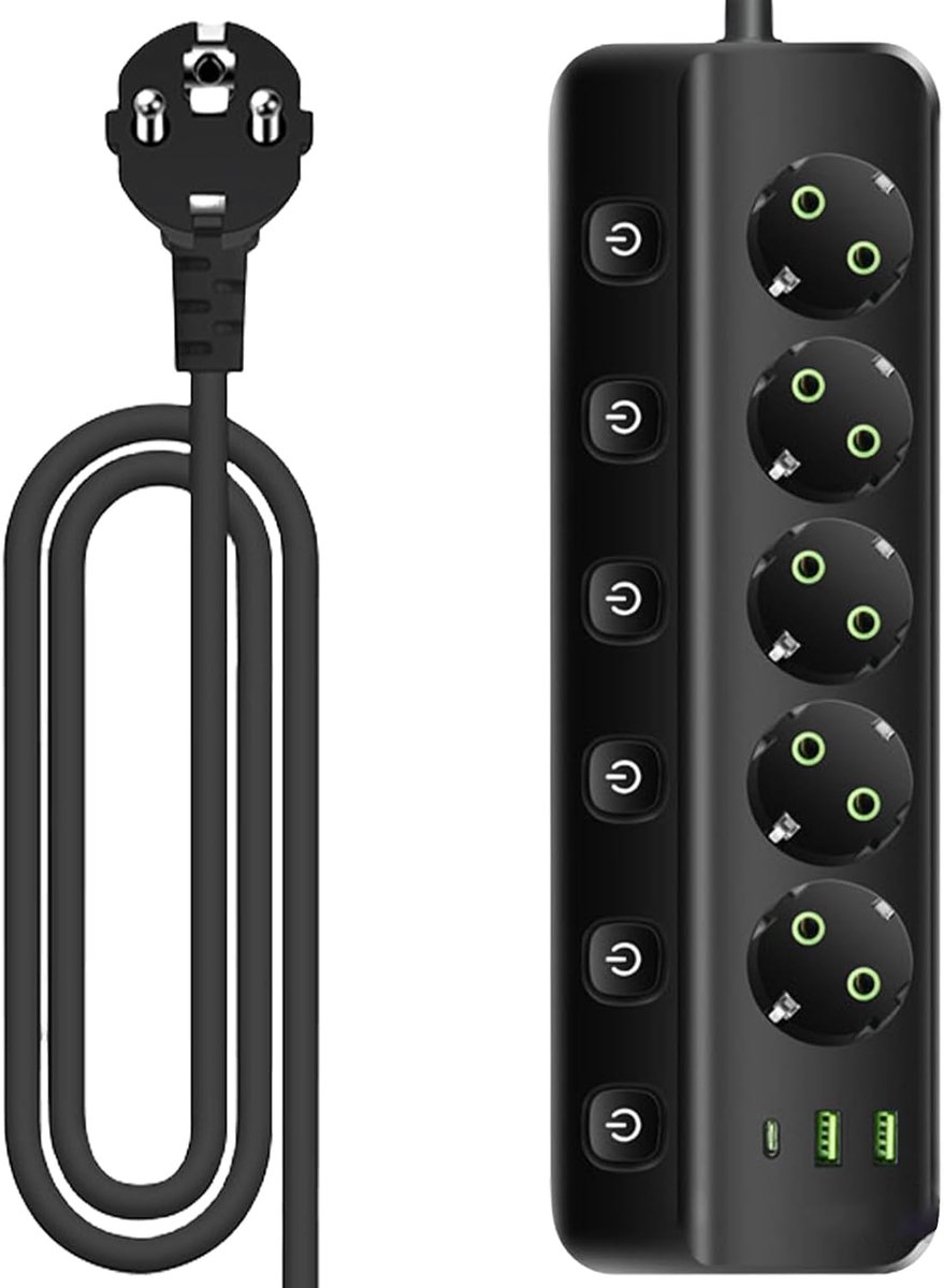 Powerstrip 8-in-1 - Met 2 USB-A en 1 USB-C - Individueel schakelbare sockets - Ideaal voor thuis en kantoor - ShopVlot