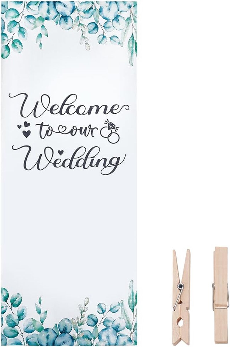 Trouwbord met clips 29,5 x 78 inch - linnen stof - groene welkom boog - perfect voor outdoor huwelijk - ShopVlot
