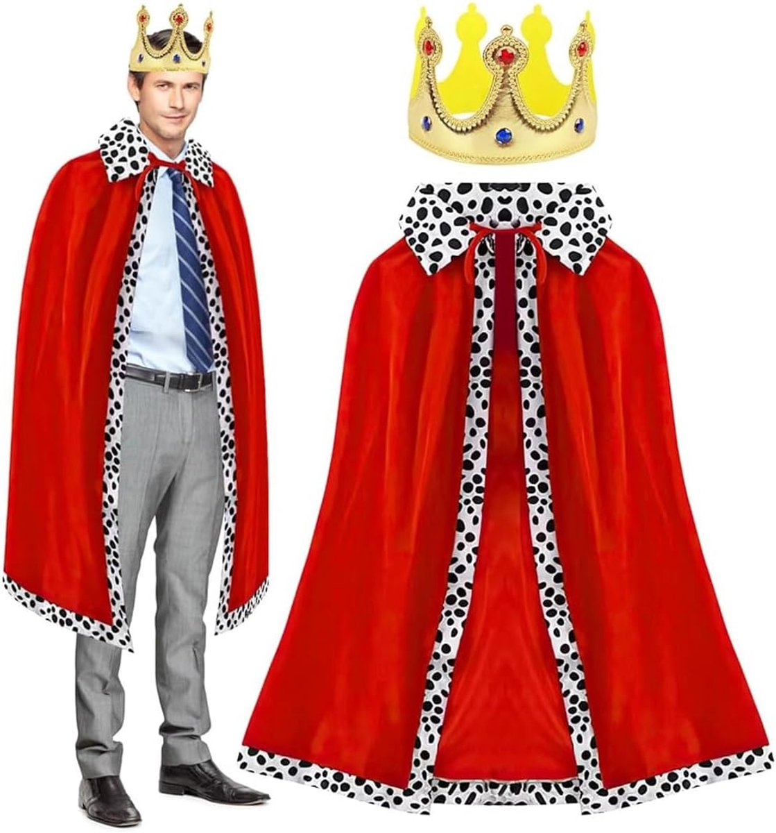 Adult King and Queen Costume Set Role Playing Halloween Outfit with Royal Velvet Cape, Robe and Crown (Unisex), Stage - ShopVlot