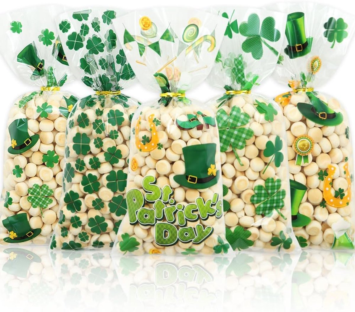 100 stuks St Patricks Day Cellofaan traktatiezakjes met twistbanden, groene Ierse geluksklaver plastic geschenkzakje - ShopVlot