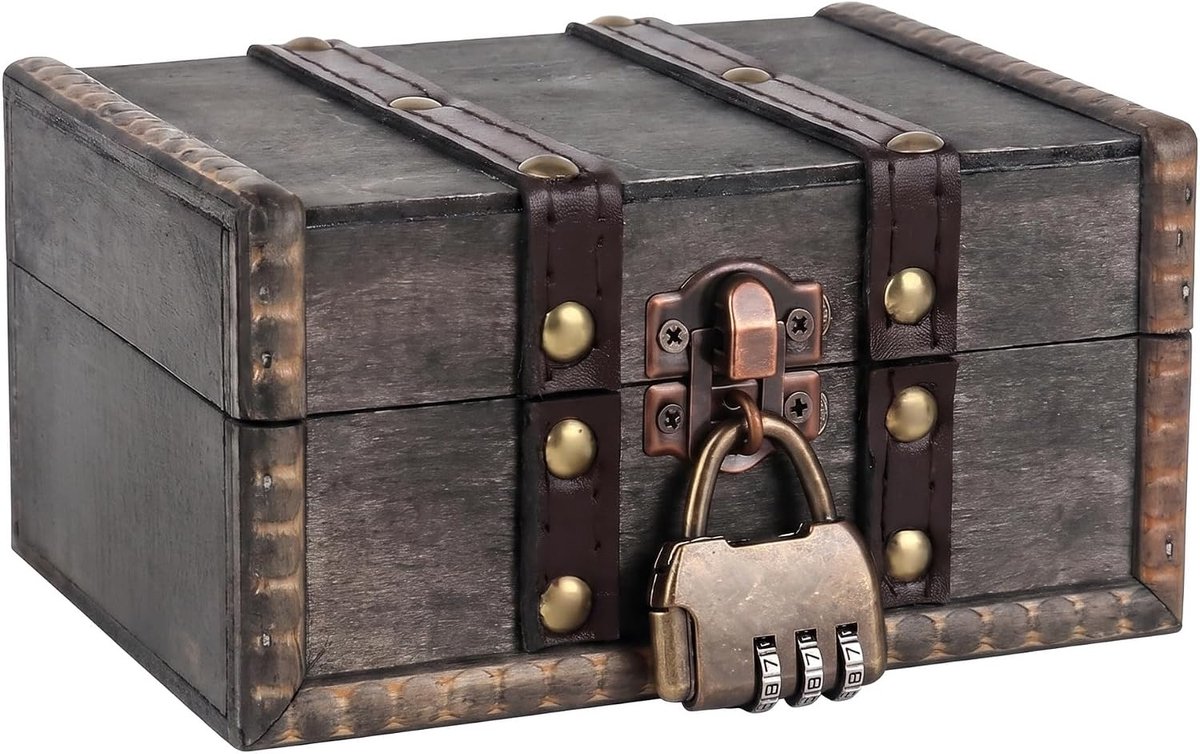 Schatkist hout, vintage schatkist met cijferslot (15 x 12 x 8 cm, grijs) - ShopVlot