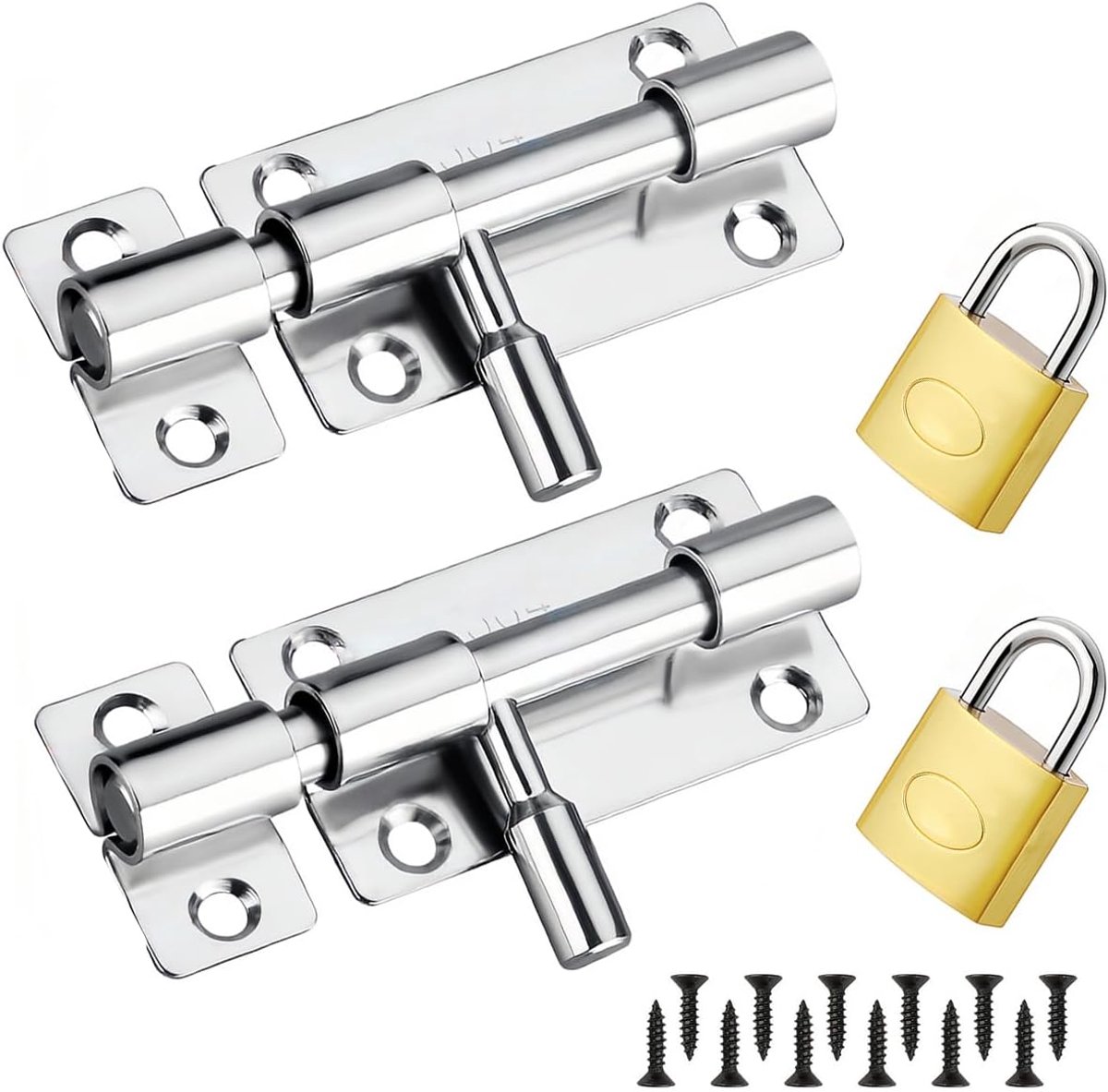 2 Pcs Stainless Steel Door Latches, 304 Steel Black Safety Latch with Sliding Lock and Bolt Latch, Includes 12 - ShopVlot