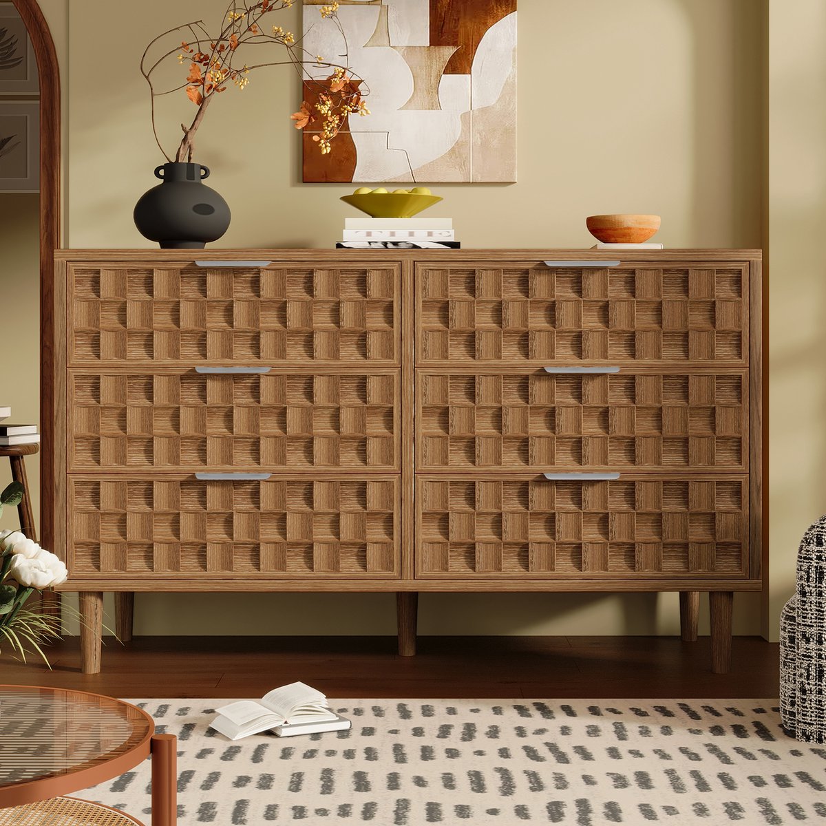 DESMIU Dressoir - Retro Kast Met 6 Laden En Metalen Handgrepen - Voor Woonkamer Slaapkamer En Hal - MDF - 120x37x77 Cm - Eikenkleur