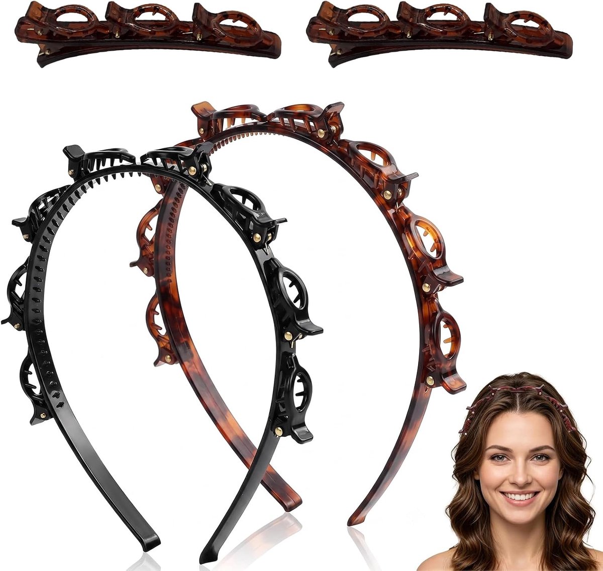 Set van 4 haarbanden met klemmen voor dames, 2 haarbanden met clips en tanden en 2 haarspelden, vlechthulp - ShopVlot