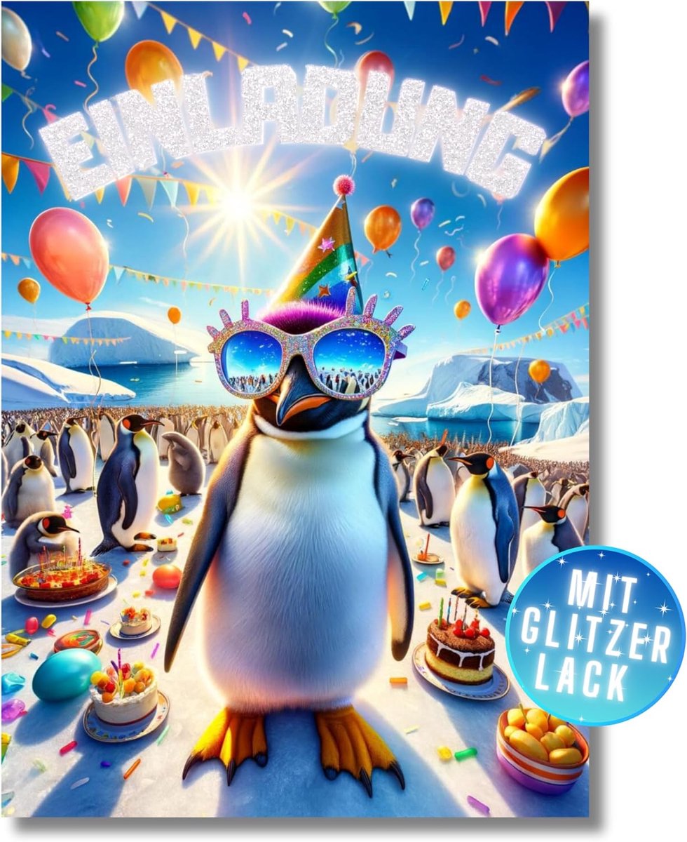 HIDEBLOOM Glitter Uitnodigingskaarten voor kinderverjaardag, meisjes, 12 stuks, DIN A6, casual pinguïn, uitnodiging - ShopVlot