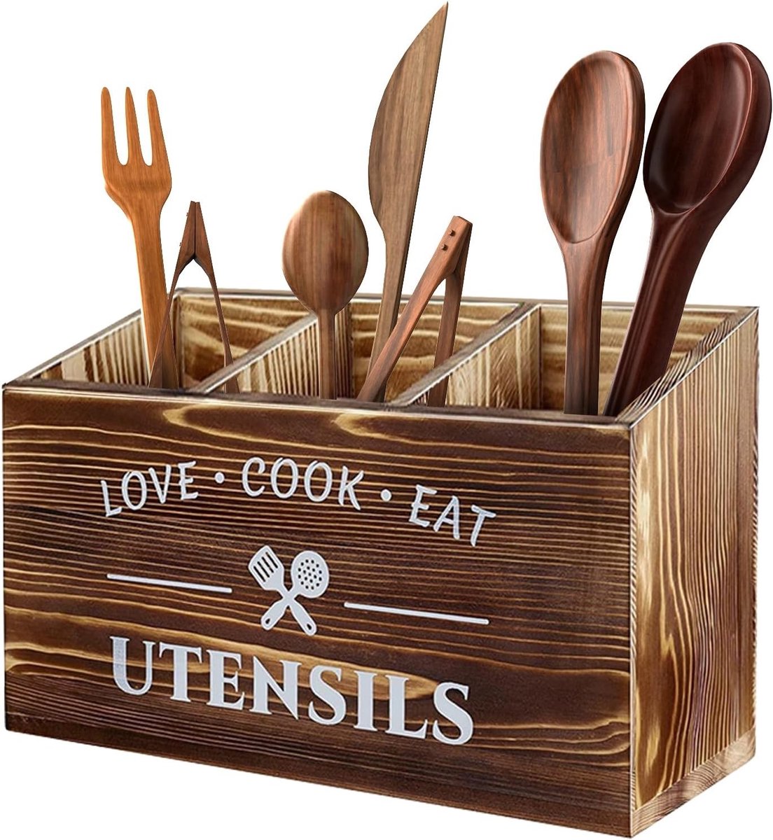 Houten Keukenhulpmiddelenhouder met Afvoergedeelte, 3 Compartimenten voor Bestek en Keukenaccessoires, Ideaal voor Organisatie en Opslag in de Keuken