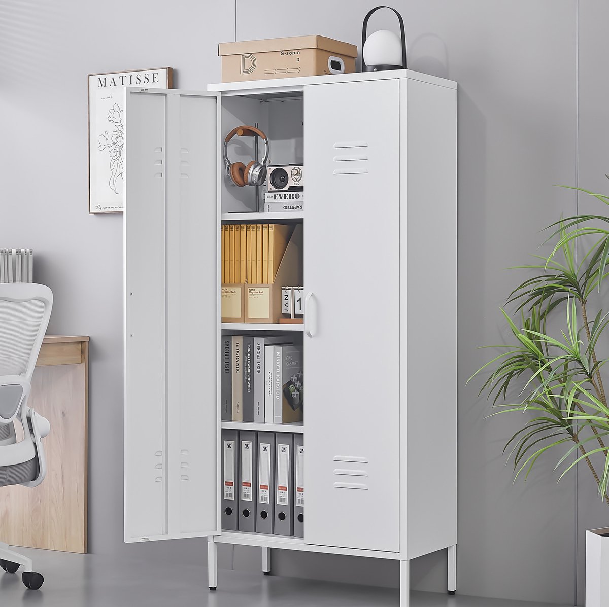OKWISH Metalen Opbergkast - 2-Deurs - Verstelbare Planken - Ventilerend Design Voor Woonkamer, Slaapkamer En Kantoor - Wit - 70 X 35 X 160 Cm