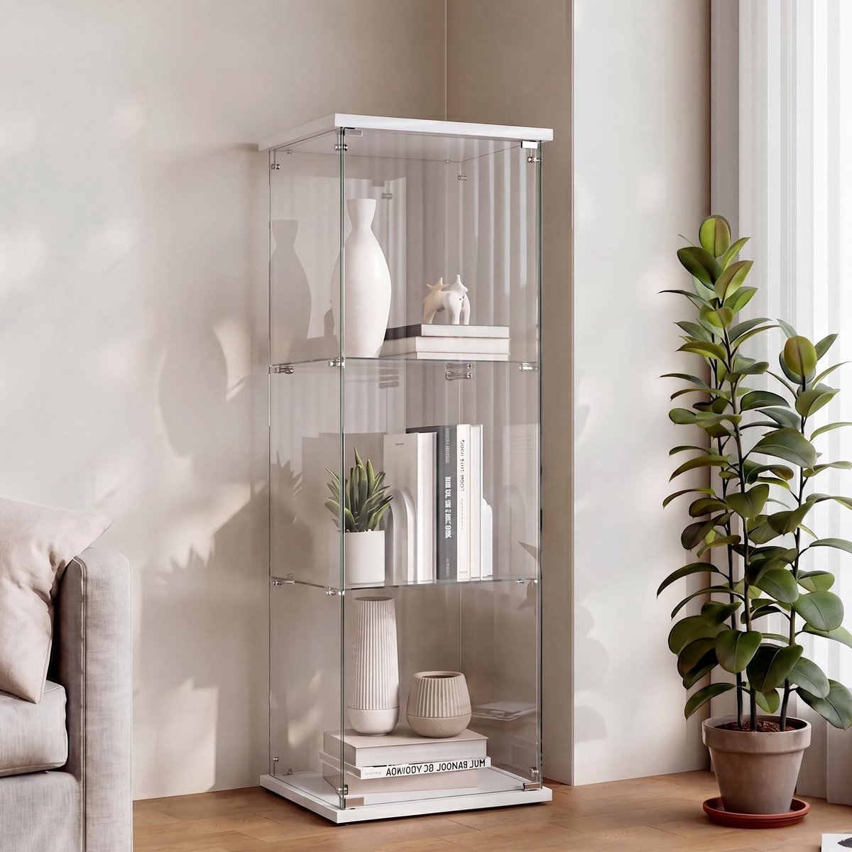 Solidchoice - Elegante Glazen Vitrinekast met Slot en 3 Planken voor Woonkamer of Kantoor