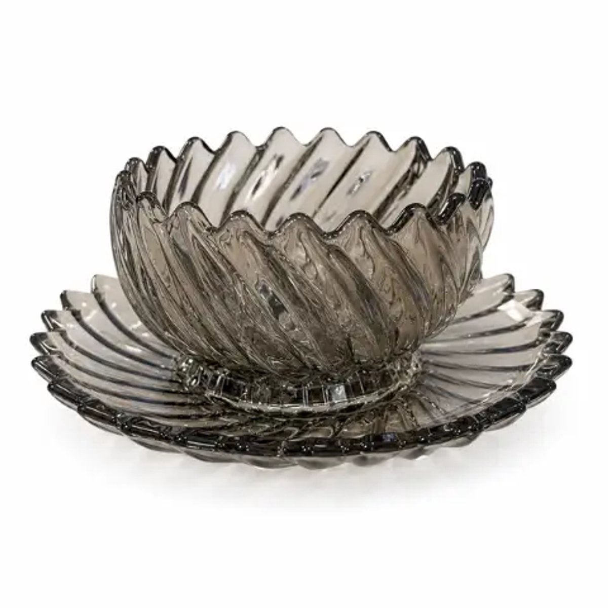 Lotus serveerschalen glas set 12-delig reliëfdesign grijs 6 schaaltjes 6 onderborden