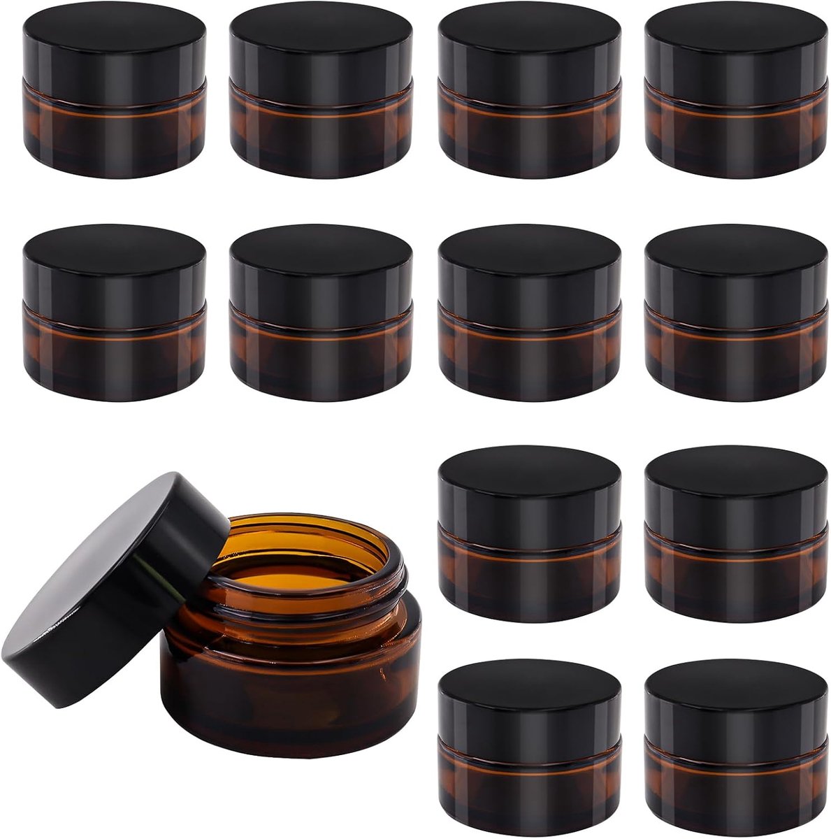Set of 12 Amber Glass Empty Jars, 20ml Cream Jars for Filling, Brown Glass Jar with Lid and Liner for Cosmetics - ShopVlot