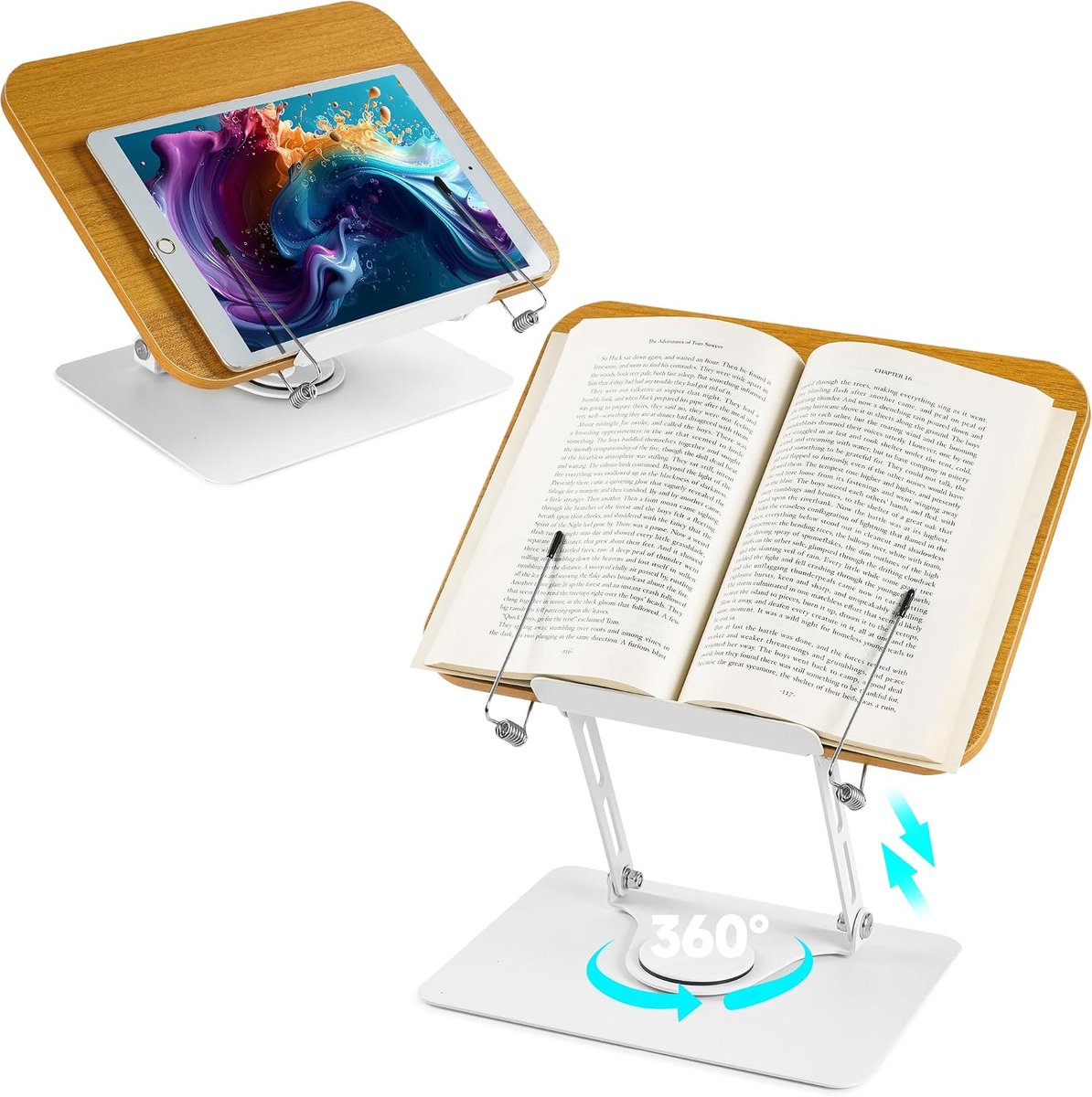Houten Boekenstandaard - Leesrek - Ergonomisch Lezen - 360° Draaibaar - 30 cm Hoog - Houtkleur