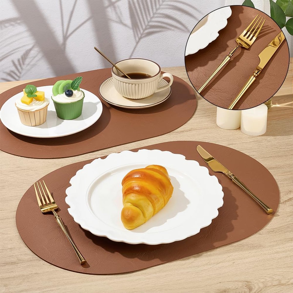 Pack of 10 Waterproof PU Placemats Oval Reversible Placemats (30 x 44.5 cm), Washable and Washable Faux Leather, for - ShopVlot