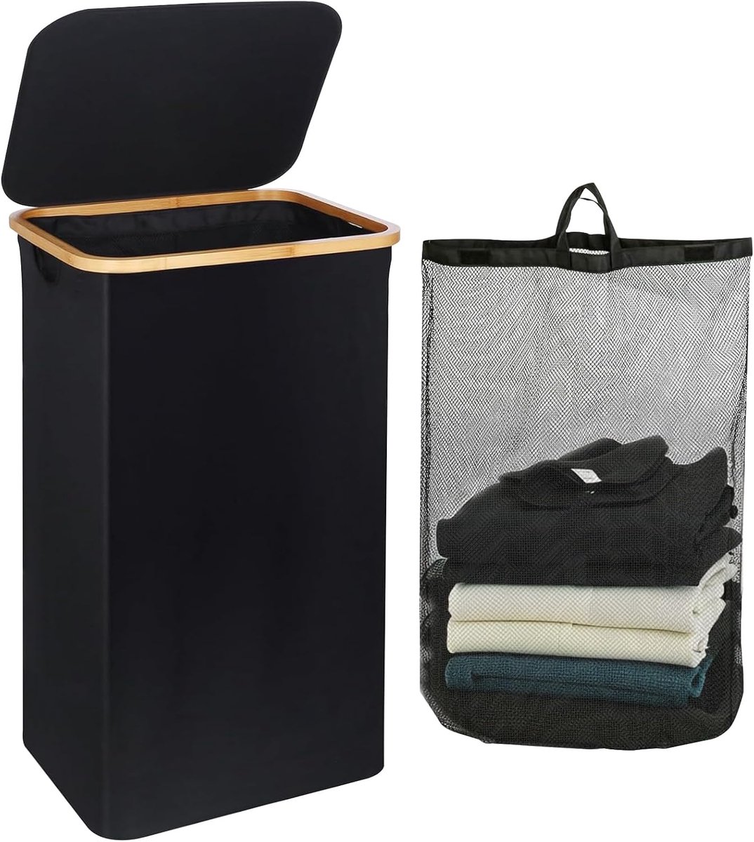 Laundry Basket with Lid, 100 Litres, Removable Liner, Foldable Laundry Basket with Bamboo Handles and Removable Bag - ShopVlot