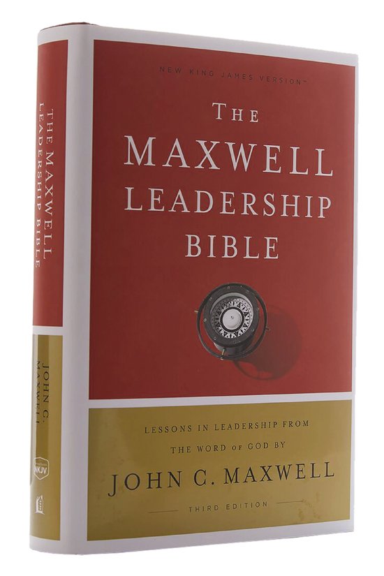 De kaft van "The Maxwell Leadership Bible" is rood met gouden letters. Op de kaft staat een kompas.