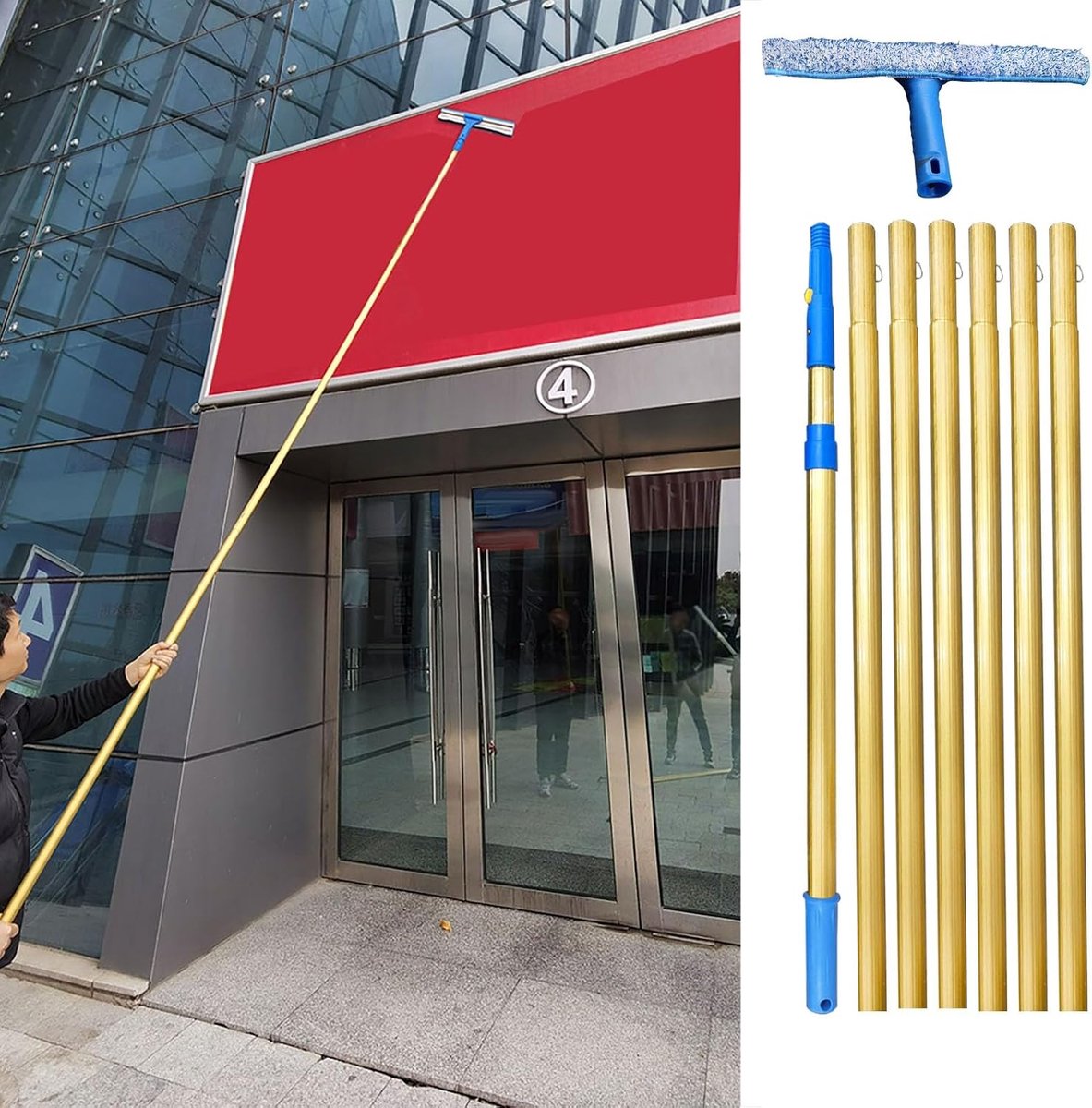 Raamreinigingsset - Glasbewassing tool - Hoge ramen wassen - 2-in-1 functie - Tot 77 meter - Grijs