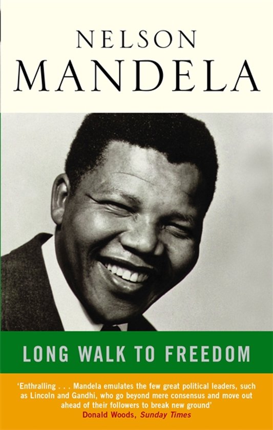 Boekomslag "Long Walk to Freedom" met een lachende portretfoto van Nelson Mandela.