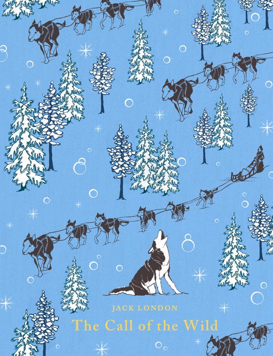 Blauw met winterse illustratie van een sledehondenrennen en Jack Londons 'The Call of the Wild'.