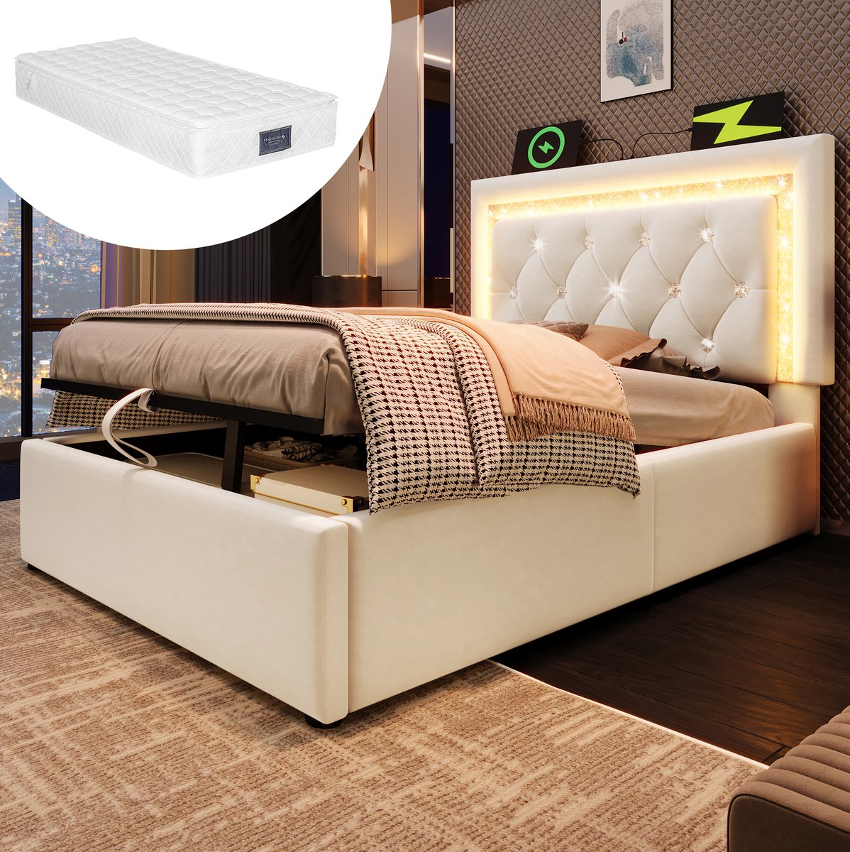 MEUNIQ gestoffeerd bed 90x200 cm met matras, LED-hoofdbord, USB en Type-C, hydraulische opbergruimte, lattenbodem, eenpersoons bed voor slaapkamer, beige