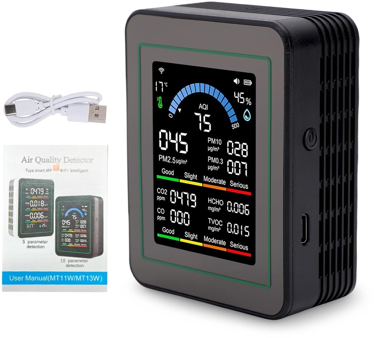 Luchtkwaliteitsmeter - CO2 meter - Binnenklimaat meten - 10-in-1 meting - 9x7x3.5cm - Zwart
