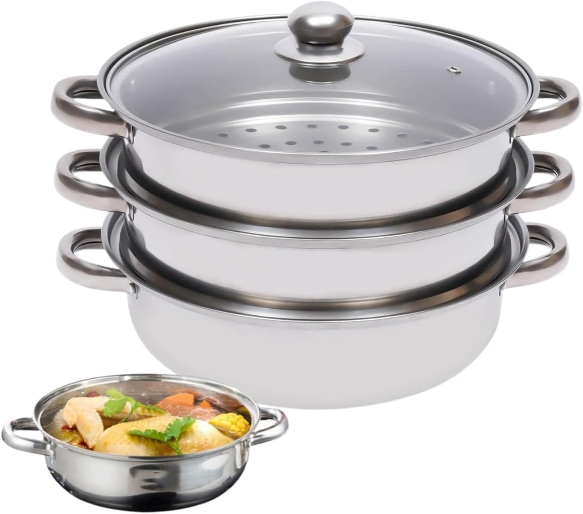 Stoompan Set Stoomkoker Kookpan Gezond Koken 3-Tier Stapelbaar 28 cm Zilver