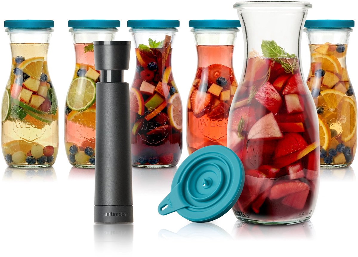 Airtender Instant Sangria Maker 500ml (6st.) | 6x Vacuüm Sangriakaraf van glas | 6x Vacuümdeksel + GRATIS -pomp | Maak razendsnel de lekkerste Sangria! | Zonder vacuüm te gebruiken | Vacuüm versnelt de infusie (duurt 15-30min) en creëert meer smaak