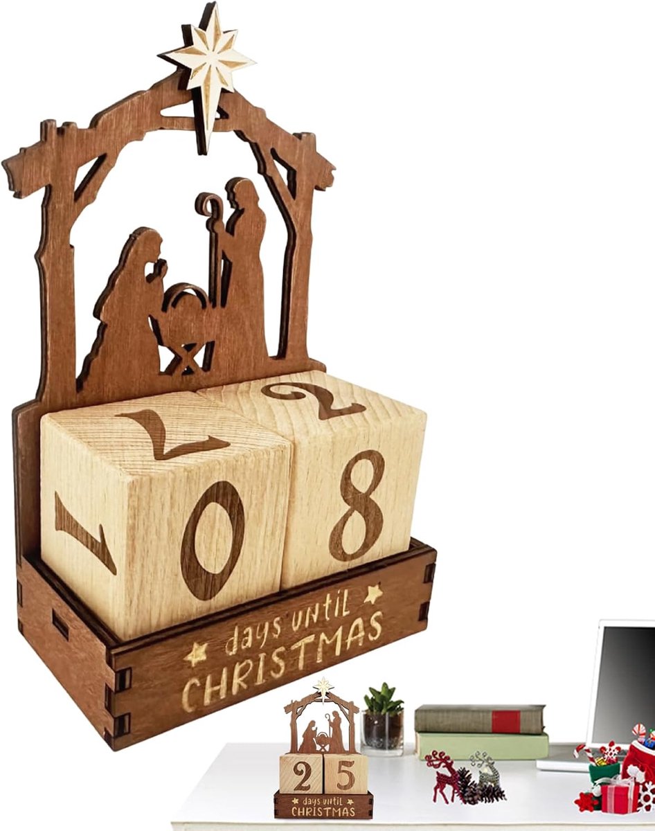 Houten Adventskalender - Kerststal Decoratie - Feestdagen Vieren - Gedetailleerd Vakmanschap - 18 x 12 x 6.5 cm - Houtkleur