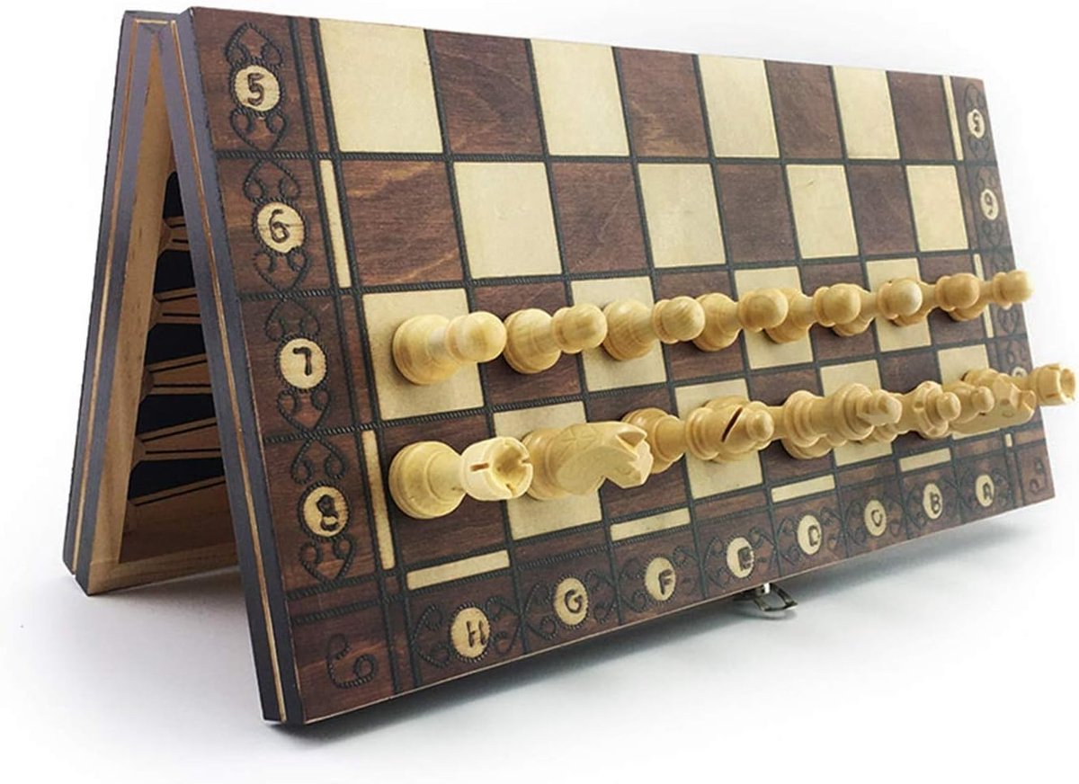 Schaakspel Backgammon Dammen - 3-in-1 Set - Reis Spel - Vouwbaar Houten Bord - 39 x 39 cm - Bruin