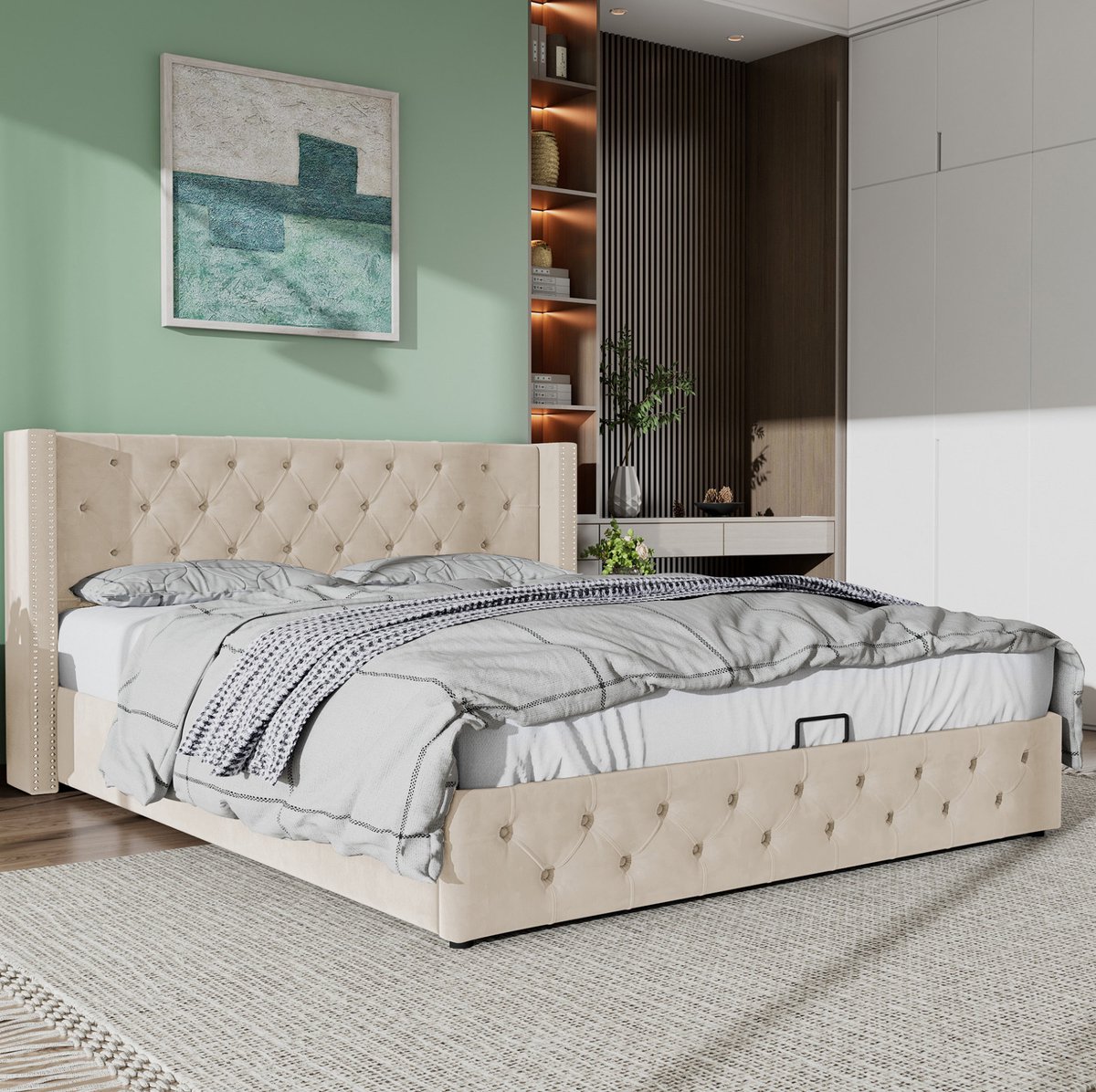 MEUNIQ gestoffeerd tweepersoons bed 140x190 met hydraulische opbergruimte, lattenbodem en Chesterfield hoofdbord, bedframe voor slaapkamer, beige