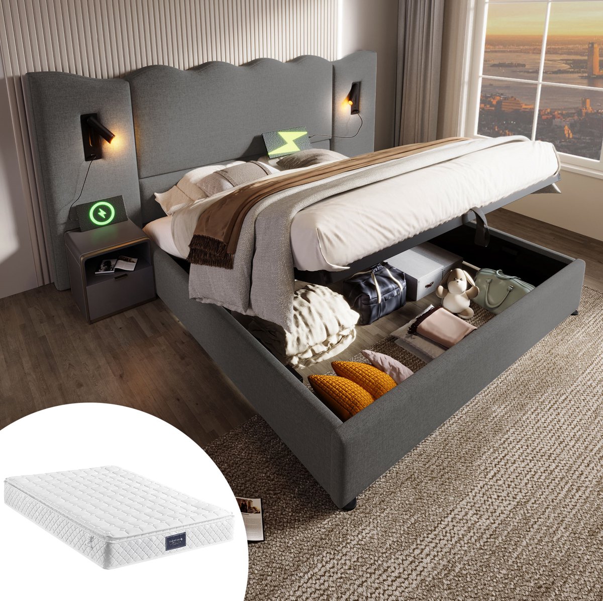 MEUNIQ tweepersoons opbergbed 160x200 met USB en Type-C, leeslampen, hydraulische opbergru
