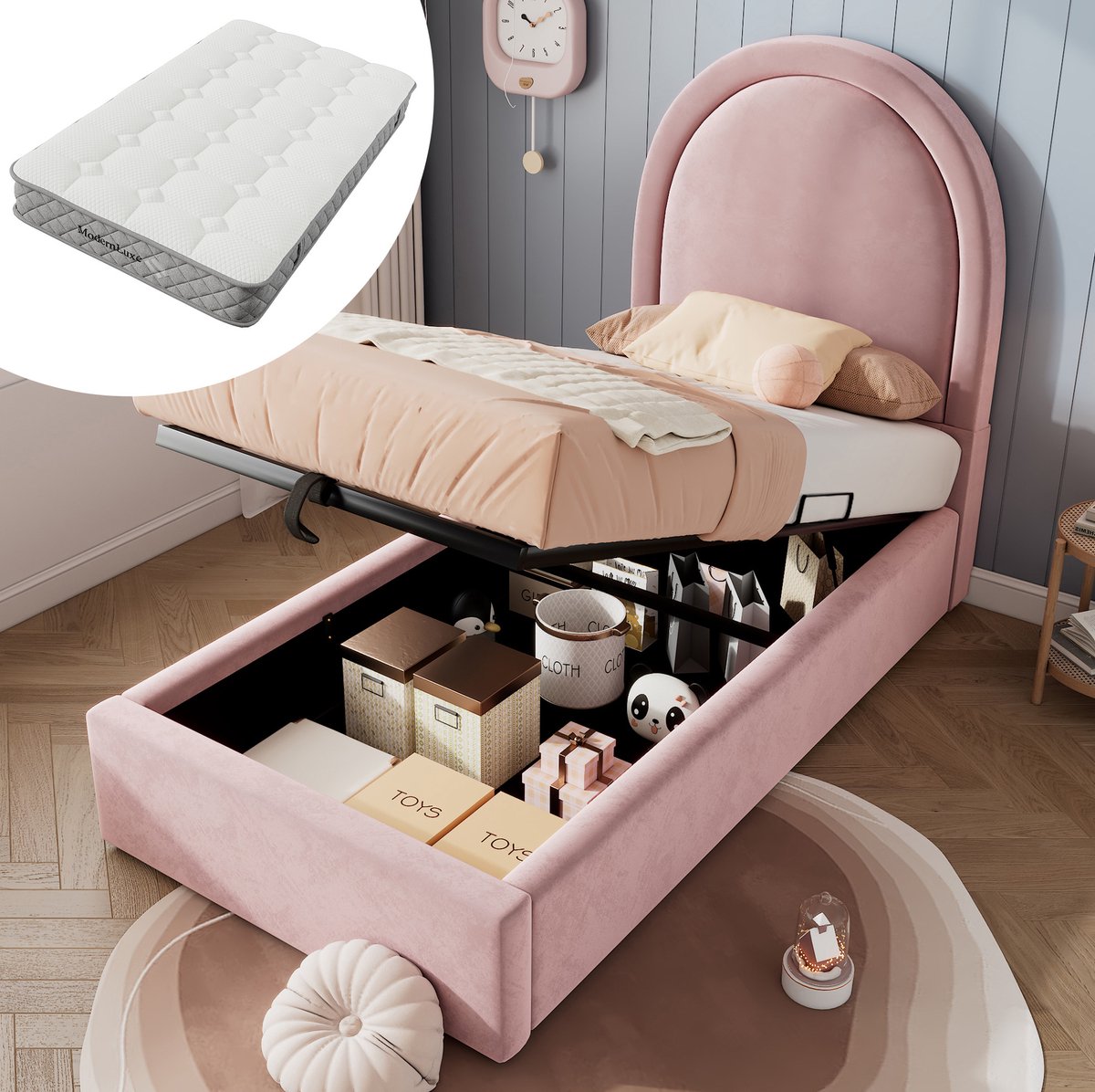 MEUNIQ kinderbed 90 x 200 cm met matras, roze fluwelen eenpersoonsbed met gebogen hoofdbord, lattenbodem en opbergruimte voor kinderkamer