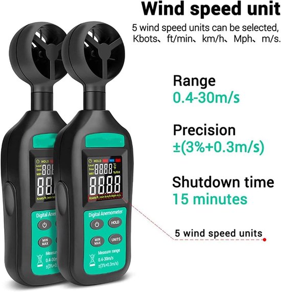 Handzame Anemometer - Windmeter Luchtstroommeter - Windsnelheid Meten - Hoge Precisie 3-in-1 - 0.4-30m/s - Grijs — afbeelding 4