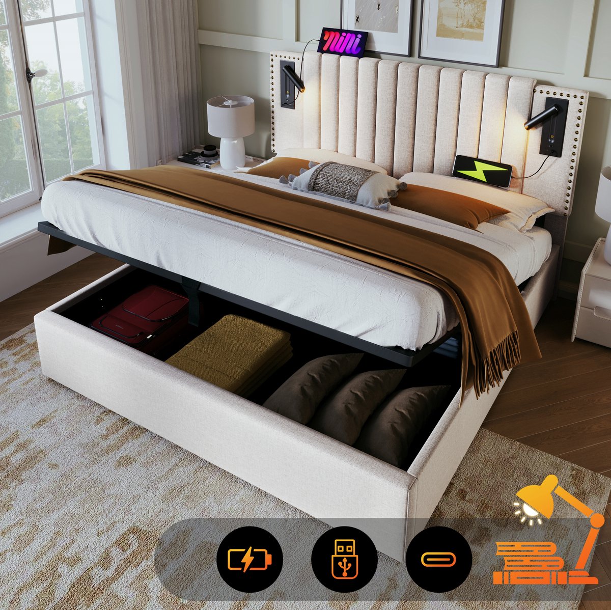 MEUNIQ tweepersoons bed 180x200 met opbergruimte, verstelbaar hoofdbord, leeslampen, USB e
