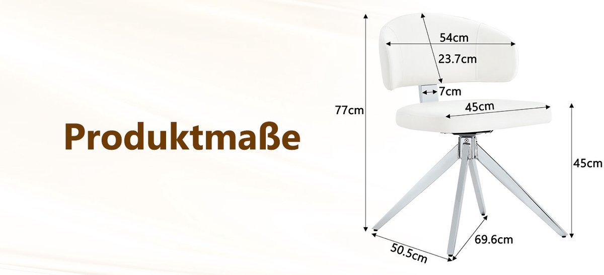 MEUNIQ set van 2 eetkamerstoelen draaibaar 360 graden met gewatteerde kunstleren zitting en metalen 4-poots onderstel, Scandinavisch, wit