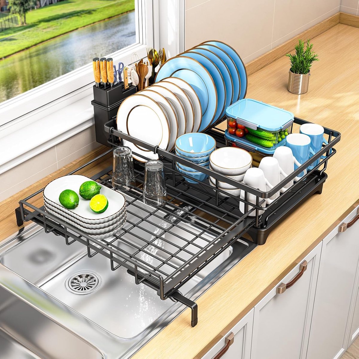 Thijox - Ruimtebesparend Afdruiprek met Gebruiksvriendelijke Voorwerpenhouder voor Aanrecht, Zwart, Ideaal voor Keuken, Compact en Functioneel