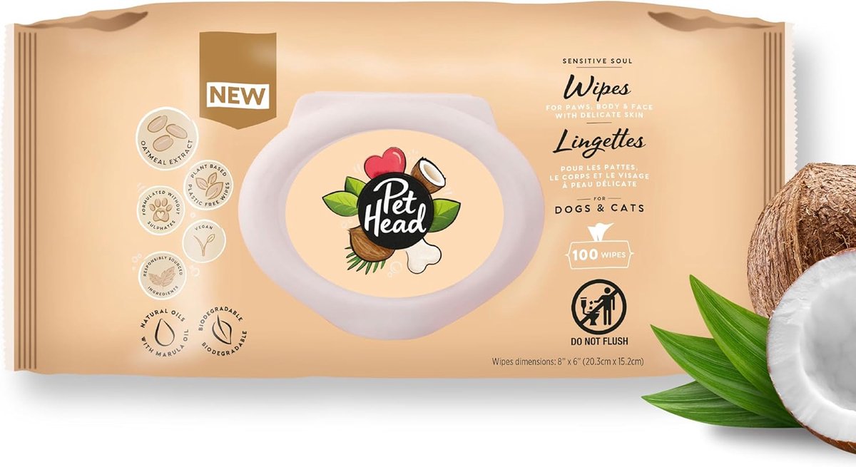 SnelShoppen - Sensitive Soul Wipes voor Honden en Katten | 100 Biodegradable, Plant-based en Plastic-free Wipes | Kokosnoot Geur met Aloë Vera | Voor