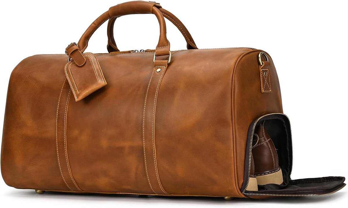 SnelShoppen - Vintage leren reistas heren weekender 55cm - ruime duffel bag 41L - echt koeienleer lichtbruin - retro stijl voor weekendjes weg en reiz