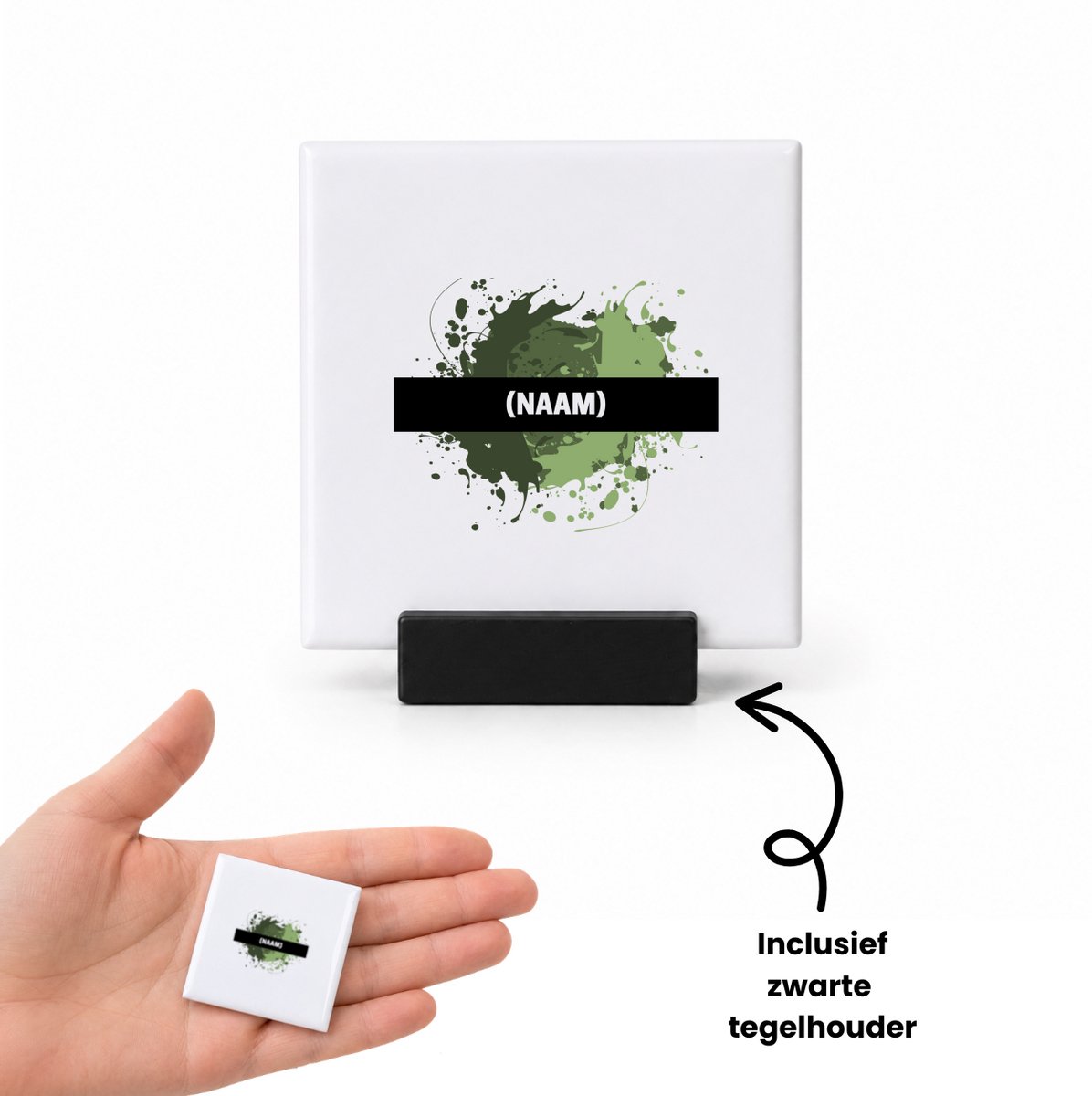 Hacebo groene verfvlek met eigen naam tegeltje met tegelhouder - Kunst - kunstenaars/kunstenaressen - tegeltjes met tekst - verjaardag - mensen die houden van verven - kunst liefhebbers - cadeau - kado - geschenk - gift - spreuktegels - 4.8x4.8 CM Wit