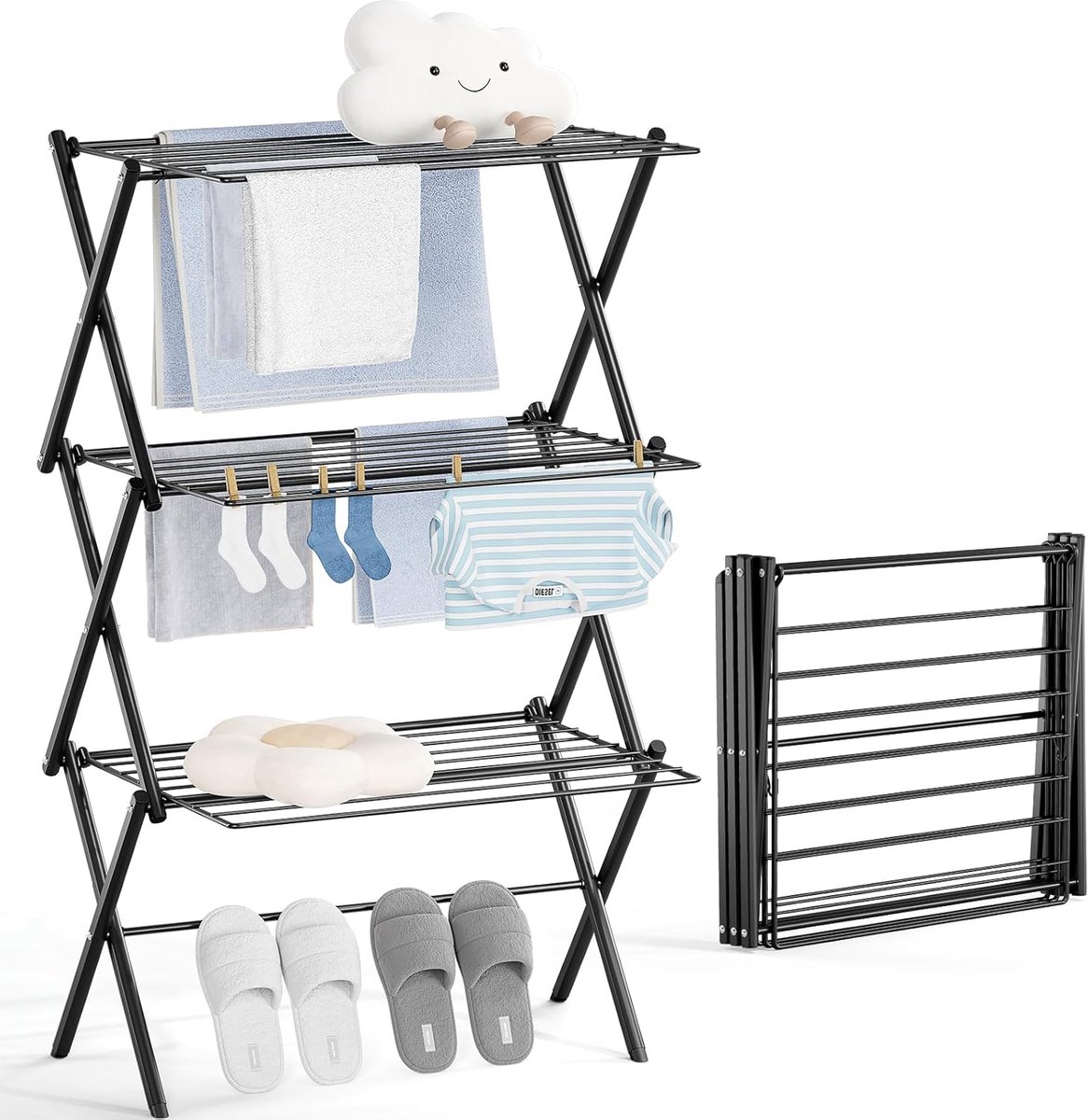 SnelShoppen - Vouwbare Kledingdroger met 3 Niveaus, Ideaal voor Binnen en Buiten, Zwart, Geen Montage Vereist, Perfect voor Truien en Meer, Compact en