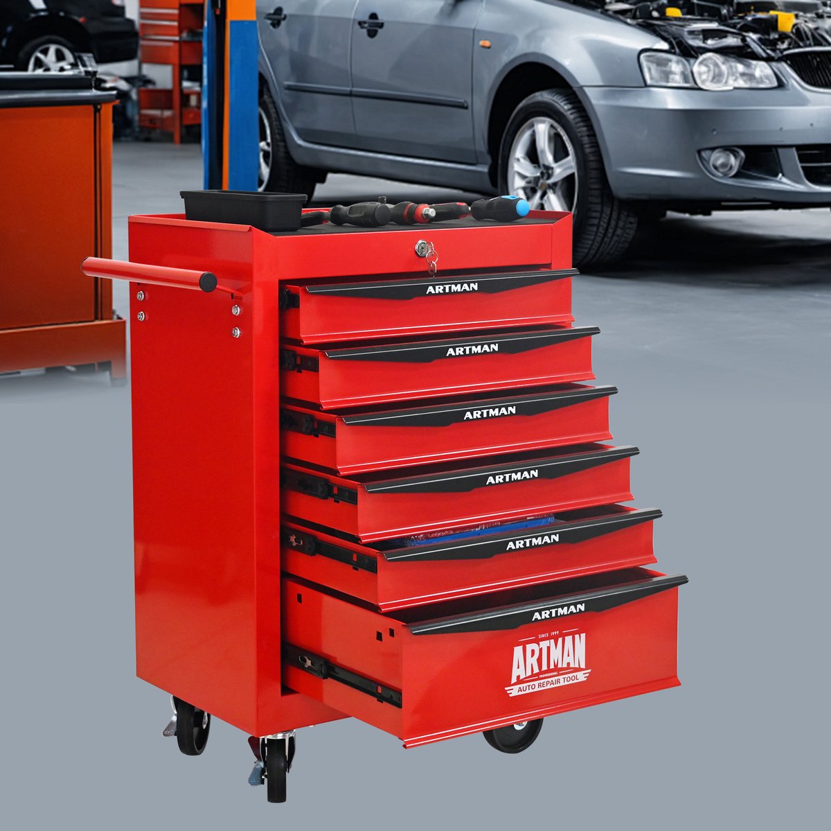 MODENUIT Gereedschapskar - 6 Laden Met Slot En Wielen - Voor Garage En Werkplaats - Staal - Rood Zwart