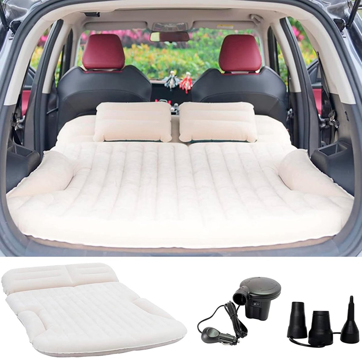 SnelShoppen - SUV Luchtbed voor Auto - Dikke Flock Car Air Mattress met 2 Kussens - Campingmatras voor Achterbank en Kofferbak - Beige & Coffee - 260