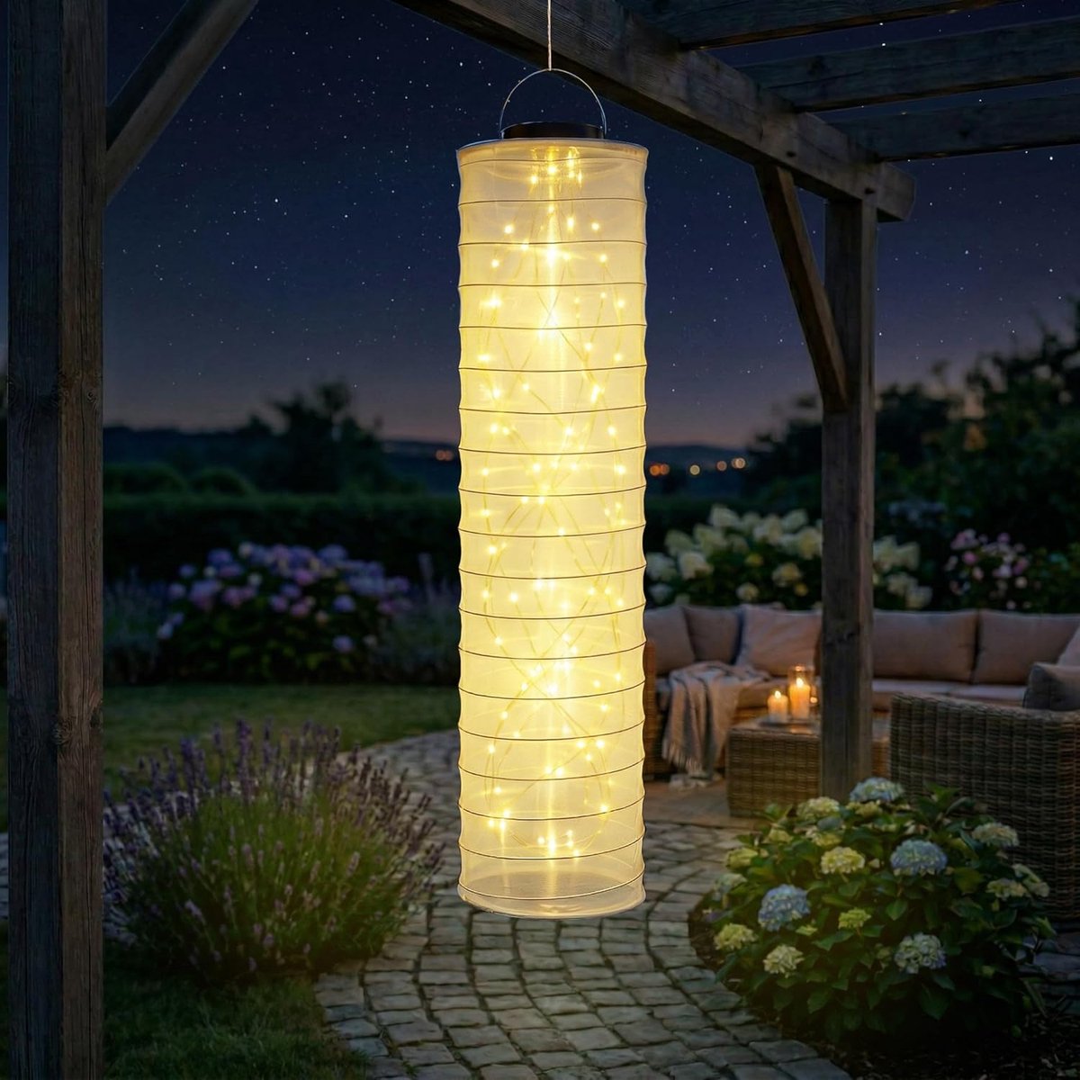 SnelShoppen - 96cm Solar Lantern - 88 LED Waterdichte Buitenlamp - Warm Witte Nylon Tuinverlichting voor Balkon, Patio, Feest, Bruiloft Decoratie