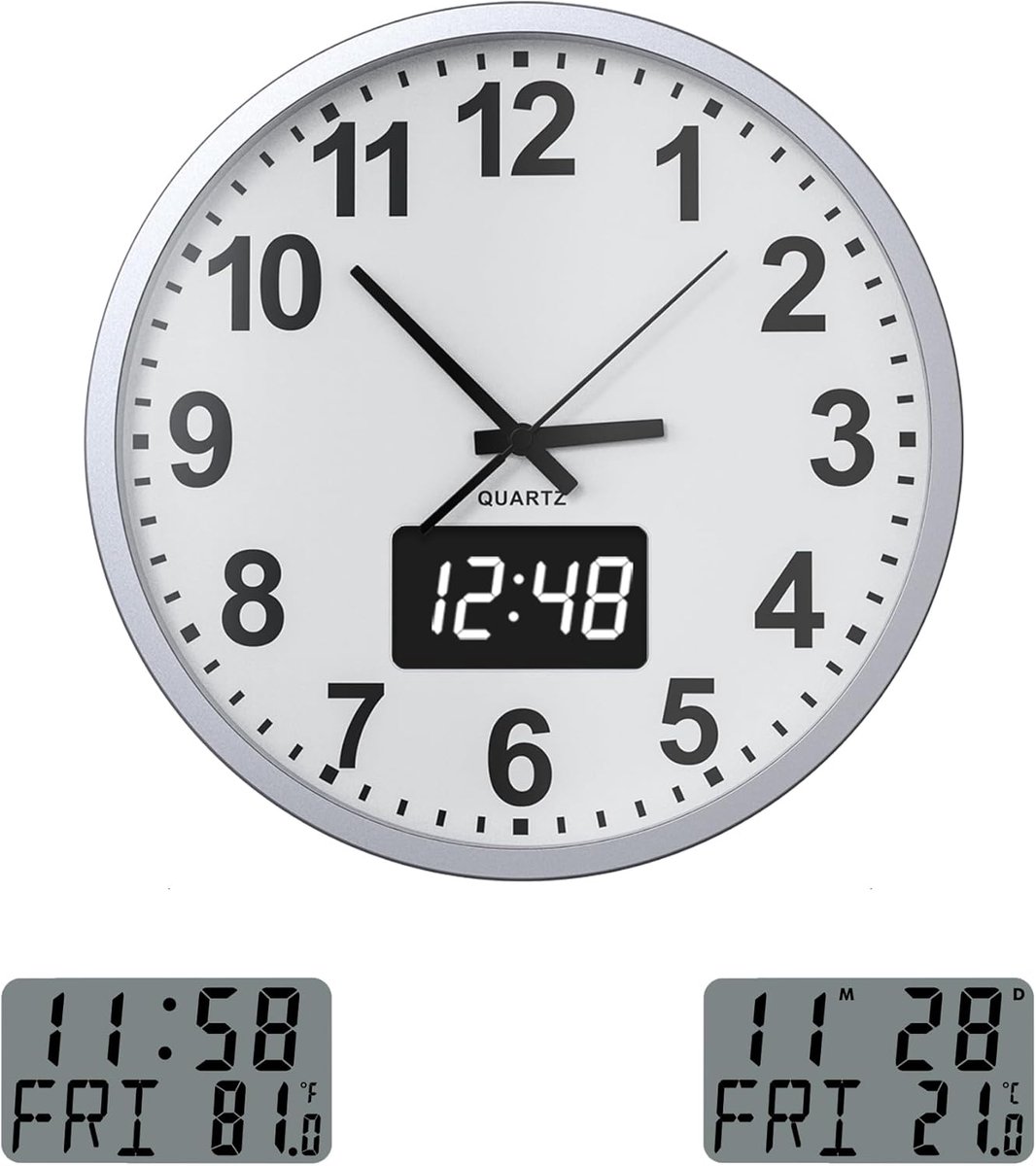 SnelShoppen - Stille Wandklok, Metalen Quartz Klok, Digitale LCD/LED Tijdweergave, Geen Tikken, Batterij Aangedreven, Moderne Keuken Klok