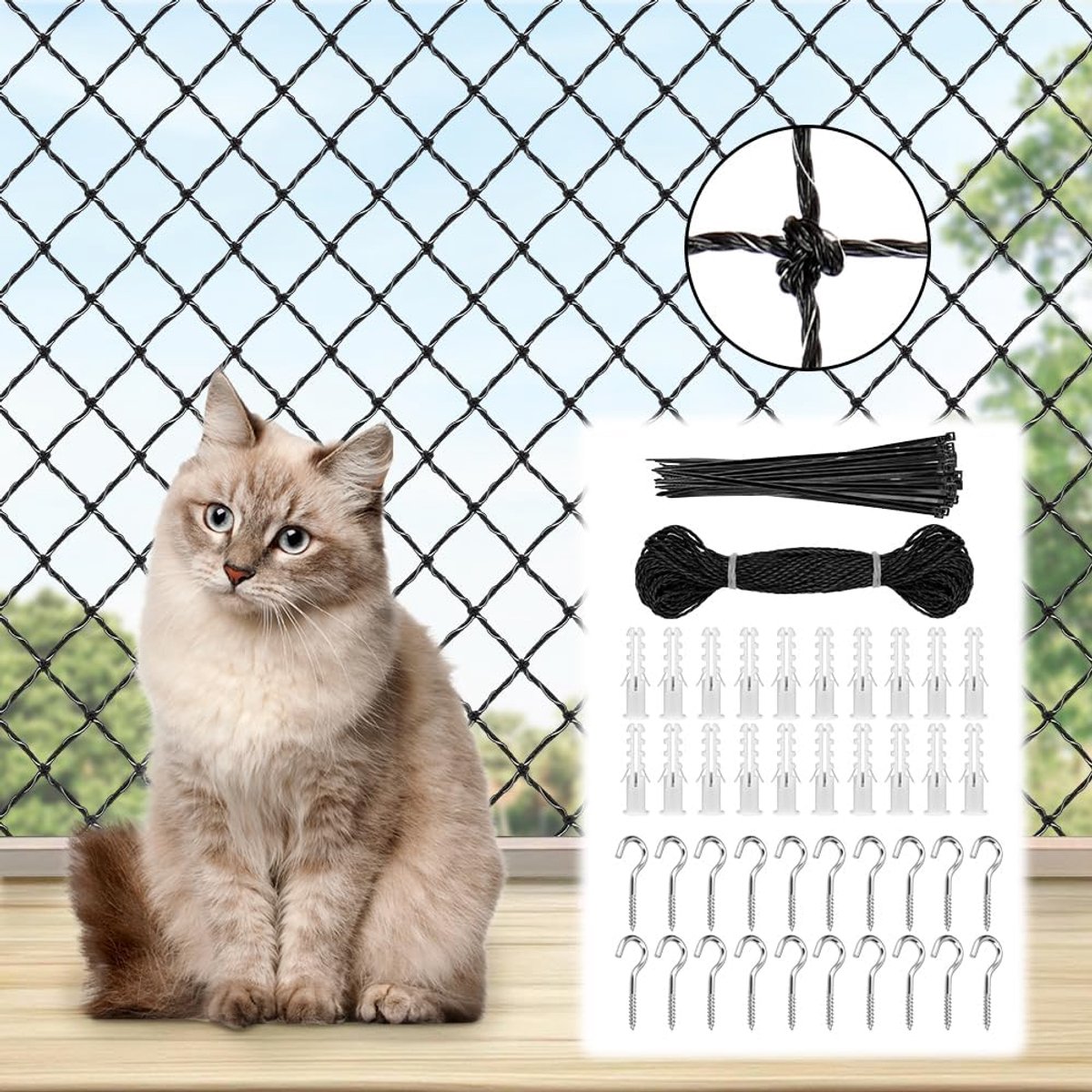 SnelShoppen - Cat Net Balkon 3x4 m - Dierbescherming Net voor Katten - Versterkt zonder Boren - Veiligheidsnet voor Balkon, Patio, Raam en Dakluiken