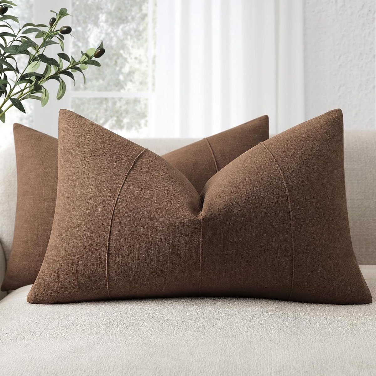 SnelShoppen - ZWJD Kussenslopen Set van 2 - 40x60 CM - Zacht Bruin - Natuurlijke Linnenmix met Strepen - Geschikt voor Sofa, Bed, Woonkamer, Slaapkame