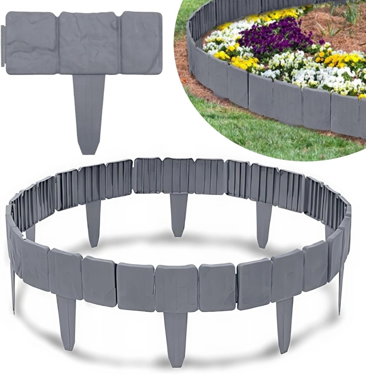SnelShoppen - KRUMAD Garden Palisade 250 cm - 10 Stuks Plastic Tuinrand - Grijze Steen-look - Weerbestendig - Tuin, Grond, Bloembed Edging