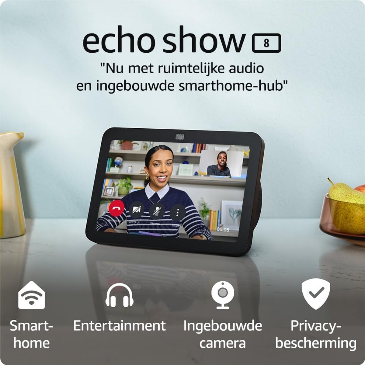 SnelShoppen - HD Smart Touchscreen 8" met Ruimtelijke Audio, Slimme Thuis Hub en Spraakbesturing in Charcoal - Voor Muziek, Video, Alarms en Slimme Ap