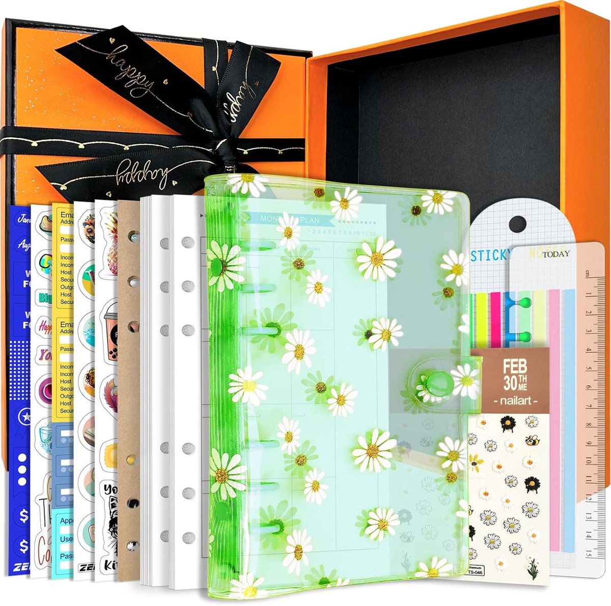 SnelShoppen - A6/A5 6 Gaten, Kleurrijke PVC Cover, Ronde Ringband met Drukknoopsluiting, Losse Bladmap, Persoonlijke Organiser in Groen Daisy, A5 Cade