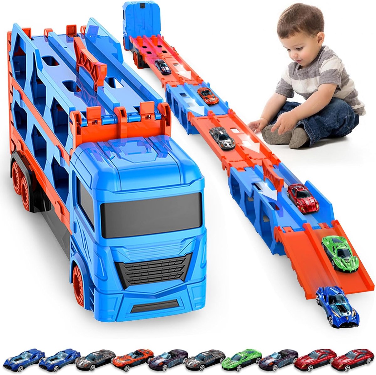 Thijox - Transport Truck Speelgoedauto's met 10 Raceauto's en Opvouwbare Racebaan voor Jongens van 3-5 Jaar, Draagbare Vrachtwagen Speelset, Speelgoed