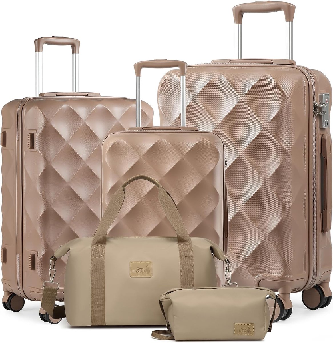 SnelShoppen - Hardscale Trolley Kofferset 5-delig - Lichtgewicht Reisbagage met Dubbele Wielen - Inclusief Reistas en Toilettas - M-L-XL Set (55/65/76
